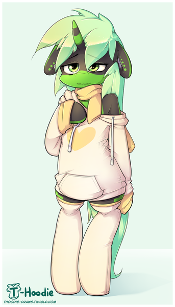 Size: 685x1200 | Tagged: safe, artist:apony, derpibooru import, oc, oc:serenity, unofficial characters only, semi-anthro, unicorn, bipedal, clothes, female, heart, hoodie, horn, mare, off shoulder, off shoulder sweater, oversized clothes, scarf, sleepy, socks, solo, sweater