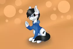 Size: 3000x2000 | Tagged: safe, artist:skeeniee, derpibooru import, oc, oc:nomad, earth pony, pony, clothes, ear fluff, glasses, hoodie, looking at you, male, raised hoof, simple background, sitting, smiling, solo, squee, stallion