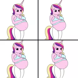 Size: 1024x1024 | Tagged: safe, artist:20thx5150, derpibooru import, princess cadance, alicorn, anthro, :p, belly, belly button, breasts, clothes, female, implied princess flurry heart, kicking, looking at you, loss (meme), pregnant, silly, simple background, solo, tongue out, top, white background