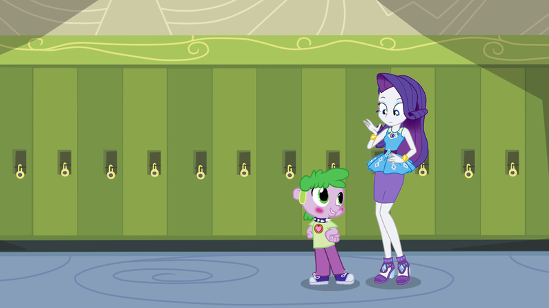 Size: 1366x768 | Tagged: safe, artist:epiclyawesomeprussia, artist:ilaria122, artist:knightwolf09, artist:starlightglimmerluvr, derpibooru import, rarity, spike, spike the regular dog, dog, equestria girls, equestria girls series, abomination, canterlot high, equestria girls-ified, female, geode of shielding, hallway, human spike, implied transformation, lockers, magical geodes, male, shipping, sparity, story included, straight, what has science done, you didn't stop to ask if you should