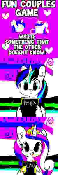 Size: 1030x3068 | Tagged: safe, artist:tjpones, derpibooru import, edit, princess cadance, shining armor, alicorn, pony, unicorn, chalkboard, comic, dank memes, deep fried meme, despacito, ear fluff, female, fun couples game meme, game, heart, hoof hold, hoof shoes, male, mare, meme, needs more jpeg, sign, stallion, unshorn fetlocks