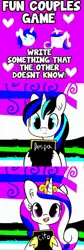 Size: 1030x3068 | Tagged: safe, artist:tjpones, derpibooru import, edit, princess cadance, shining armor, alicorn, pony, unicorn, chalkboard, comic, dank memes, deep fried meme, despacito, ear fluff, female, fun couples game meme, game, heart, hoof hold, hoof shoes, male, mare, meme, needs more jpeg, sign, stallion, unshorn fetlocks