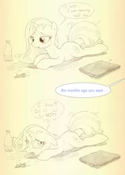 Size: 1052x1466 | Tagged: safe, artist:sherwoodwhisper, derpibooru import, oc, oc:eri, unofficial characters only, unicorn, comic, female, pencil drawing, solo, sweat, text, traditional art