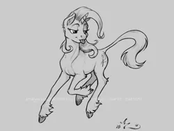 Size: 1200x900 | Tagged: safe, artist:amarynceus, deleted from derpibooru, derpibooru import, trixie, classical unicorn, pony, unicorn, :p, cloven hooves, female, gray background, grayscale, leonine tail, lidded eyes, mare, monochrome, silly, simple background, smiling, solo, tongue out, unshorn fetlocks, watermark