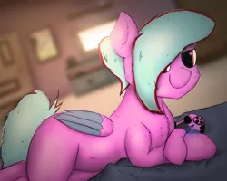 Size: 5000x4000 | Tagged: safe, artist:rainyvisualz, derpibooru import, oc, oc:star beats, unofficial characters only, pegasus, pony, absurd resolution, bed, complex background, controller, draw me like one of your french girls, looking at you, lying down, picture frame, playstation 4, shading, solo, television, wings