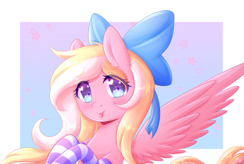 Size: 2683x1809 | Tagged: safe, artist:fluffymaiden, derpibooru import, oc, oc:bay breeze, unofficial characters only, pegasus, pony, blushing, bow, clothes, commission, cute, female, hair bow, heart eyes, looking at you, mare, ocbetes, smiling, socks, solo, spread wings, striped socks, tongue out, wingding eyes, wings