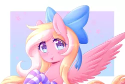 Size: 2683x1809 | Tagged: safe, artist:fluffymaiden, derpibooru import, oc, oc:bay breeze, unofficial characters only, pegasus, pony, blushing, bow, clothes, commission, cute, female, hair bow, heart eyes, looking at you, mare, ocbetes, smiling, socks, solo, spread wings, striped socks, tongue out, wingding eyes, wings