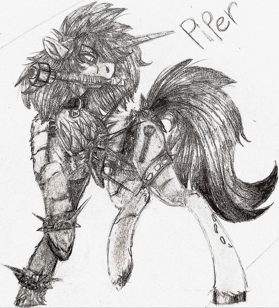 Size: 1670x1844 | Tagged: safe, artist:brainiac, derpibooru import, oc, oc:piper, unicorn, fallout equestria, black and white, female, floppy ears, grayscale, lead pipe, mare, monochrome, raider, raider armor, scar, solo, spikes, text, tired eyes, traditional art, unshorn fetlocks, weapon