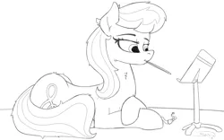 Size: 1920x1200 | Tagged: safe, artist:soctavia, derpibooru import, octavia melody, earth pony, pony, bowtie, composing, female, lying down, mare, messy mane, mouth hold, music stand, pencil, sketch, solo, wip