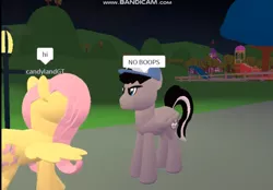 Size: 1262x880 | Tagged: safe, derpibooru import, fluttershy, oc, oc:chopsticks, pegasus, pony, angry, boop, dialogue, female, hat, male, mare, ponyville, roblox, text