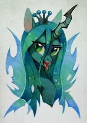 Size: 1001x1413 | Tagged: safe, artist:lispp, derpibooru import, queen chrysalis, changeling, changeling queen, bust, female, looking at you, open mouth, simple background, solo, tongue out, traditional art