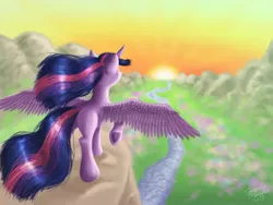 Size: 1024x768 | Tagged: safe, artist:turquoisethought, derpibooru import, twilight sparkle, twilight sparkle (alicorn), alicorn, pony, female, outdoors, painting, rear view, river, signature, solo, spread wings, sunrise, underhoof, valley, wings