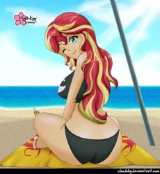 Size: 921x1000 | Tagged: suggestive, alternate version, artist:clouddg, derpibooru import, sunset shimmer, equestria girls, ass, barefoot, beach, big breasts, bikini, breasts, bunset shimmer, busty sunset shimmer, clothes, crossed legs, feet, female, human coloration, looking back, ocean, one eye closed, sand, sexy, signature, smiling, solo, solo female, summer sunset, swimsuit, towel, wink