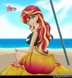 Size: 921x1000 | Tagged: safe, alternate version, artist:clouddg, derpibooru import, sunset shimmer, equestria girls, ass, barefoot, beach, beach babe, big breasts, breasts, bunset shimmer, busty sunset shimmer, clothes, crepuscular rays, crossed legs, feet, female, human coloration, looking back, midriff, ocean, open mouth, sand, signature, solo, swimsuit, towel