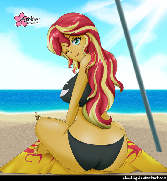 Size: 921x1000 | Tagged: suggestive, artist:clouddg, derpibooru import, sunset shimmer, equestria girls, ass, barefoot, beach, big breasts, bikini, breasts, bunset shimmer, busty sunset shimmer, clothes, crepuscular rays, crossed legs, feet, female, looking back, ocean, one eye closed, sand, sexy, signature, smiling, solo, solo female, stupid sexy sunset shimmer, summer sunset, swimsuit, towel, wink