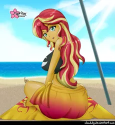 Size: 921x1000 | Tagged: safe, artist:clouddg, derpibooru import, sunset shimmer, equestria girls, equestria girls series, ass, barefoot, beach, beach babe, beach towel, big breasts, breasts, bunset shimmer, busty sunset shimmer, clothes, crepuscular rays, crossed legs, feet, female, hot, looking at you, looking back, midriff, ocean, open mouth, sand, sexy, signature, solo, swimsuit, towel