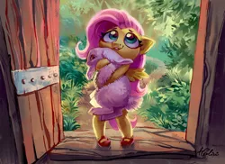 Size: 3031x2204 | Tagged: safe, artist:holivi, derpibooru import, fluttershy, anthro, pegasus, plantigrade anthro, rabbit, carrying, clothes, cute, daaaaaaaaaaaw, female, hnnng, holivi is trying to murder us, hug, image, jpeg, precious, shyabetes, smiling, solo, sweet dreams fuel, weapons-grade cute