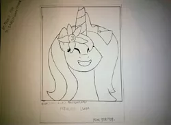 Size: 3222x2353 | Tagged: safe, artist:shilags, deleted from derpibooru, derpibooru import, princess luna, alicorn, pony, beautiful, cute, eyes closed, female, flower, flower in hair, lunabetes, mare, monochrome, photo, request, requested art, s1 luna, silly, silly pony, smiling, solo, traditional art