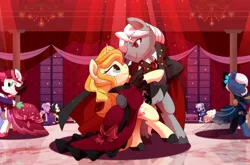 Size: 1700x1125 | Tagged: safe, artist:yokokinawa, derpibooru import, oc, oc:dracula, oc:spooksberry, oc:vive, earth pony, pony, unicorn, vampire, vampony, blonde, bow, cape, clothes, dancing, dress, elegant, fancy, female, gala dress, group, looking at each other, male, microsoft, night, red eyes, red light, saloon dress, shoes, straight, suit, windows