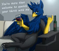 Size: 3000x2600 | Tagged: safe, artist:phenya, derpibooru import, oc, oc:eid, unofficial characters only, gryphon, alcohol, beckoning, bottle, claws, solo, speech, text, wine