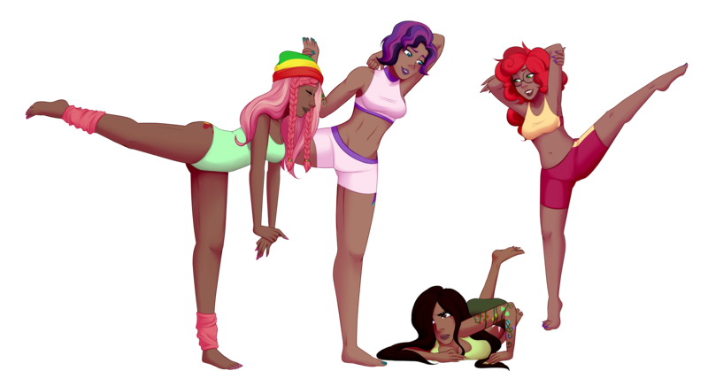 Size: 5162x2704 | Tagged: annoyed, armpits, artist:emberfan11, bandana, barefoot, belly button, breasts, clothes, compression shorts, cutie mark tattoo, dark skin, derpibooru import, dreadlocks, evening lilly, eyebrow piercing, eyes closed, eyeshadow, feet, female, glasses, human, humanized, humanized oc, icey-verse, leg warmers, leotard, lip piercing, lipstick, magical lesbian spawn, makeup, midriff, nail polish, nose piercing, oc, oc:apple berry, oc:evening glitter, oc:summer song (ice1517), oc:white lilly, offspring, parent:applejack, parent:fluttershy, parents:applerise, parents:flutterhugger, parents:shimmerglimmer, parent:starlight glimmer, parent:strawberry sunrise, parent:sunset shimmer, parent:tree hugger, piercing, safe, shorts, siblings, simple background, sisters, soles, sports bra, stretching, tattoo, toenail polish, transparent background, unamused, unofficial characters only, wall of tags, yoga