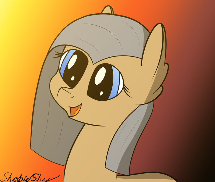 Size: 3999x3369 | Tagged: safe, artist:shobieshy, derpibooru import, oc, oc:golden draw, unofficial characters only, earth pony, pony, ear fluff, female, gradient background, happy, looking at something, mare, open mouth, simple background, smiling, solo