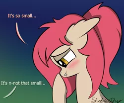 Size: 1716x1420 | Tagged: suggestive, artist:shobieshy, derpibooru import, oc, oc:lacy, unofficial characters only, pony, blushing, comic, dialogue, ear fluff, female, floppy ears, giggling, gradient background, lip bite, mare, offscreen character, ponytail, small penis humiliation, solo, solo female