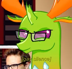 Size: 819x787 | Tagged: 4chan, artist needed, bust, changedling, changeling, derpibooru import, descriptive noise, gay, gay silence, glasses, human, idubbbz, image macro, irl, irl human, king thorax, looking at you, male, meme, photo, safe, smiling, smirk, solo, text, thorax