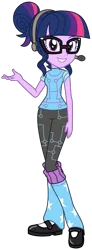 Size: 1400x3819 | Tagged: safe, artist:sketchmcreations, derpibooru import, sci-twi, twilight sparkle, eqg summertime shorts, equestria girls, good vibes, commission, headset, leg warmers, looking at you, raised arm, simple background, smiling, solo, transparent background, vector