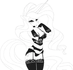 Size: 2908x2793 | Tagged: suggestive, artist:ogaraorcynder, derpibooru import, nightmare rarity, anthro, unicorn, black and white, black underwear, breasts, clothes, female, grayscale, lingerie, looking at you, mare, monochrome, simple background, sketch, smiling, solo, solo female, underwear, white background