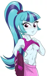 Size: 580x896 | Tagged: suggestive, artist:ta-na, derpibooru import, sonata dusk, equestria girls, rainbow rocks, abs, adorasexy, armpits, belly button, breasts, clothes, cute, female, fit, ponytail, sexy, shirt, shirt lift, simple background, skirt, skirt pull, solo, solo female, stupid sexy sonata dusk, sweat, toned, underboob, white background
