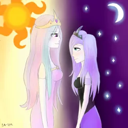 Size: 2000x2000 | Tagged: artist:marie-tea-chan, clothes, day, derpibooru import, dress, female, hair, humanized, incest, lesbian, love, moon, night, princess celestia, princess luna, princest, safe, shipping, split screen, stars, sun