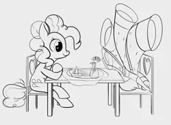 Size: 1952x1428 | Tagged: safe, artist:foal, derpibooru import, pinkie pie, earth pony, pony, yakity-sax, black and white, candle, cargo ship, date, female, flower, grayscale, mare, monochrome, rose, shipping, simple background, white background, yovidaphone, yovidapie