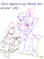 Size: 678x908 | Tagged: alcohol, alicorn, artist:prismspark, blushing, cute, derpibooru import, drunk, drunk twilight, levitation, looking at you, magic, messy mane, monochrome, ms paint, safe, simple background, solo, telekinesis, twilight sparkle, twilight sparkle (alicorn), white background