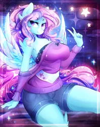 Size: 2300x2900 | Tagged: anthro, anthro oc, artist:koveliana, bedroom eyes, breasts, chromatic aberration, clothes, commission, derpibooru import, female, oc, oc:sugar star, pegasus, shorts, smiling, solo, solo female, suggestive, unofficial characters only, ych result