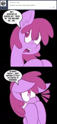 Size: 576x1246 | Tagged: artist:pembroke, ask, berry punch, berryshine, black background, derpibooru import, here comes berry punch, ruby pinch, safe, simple background, solo, tumblr