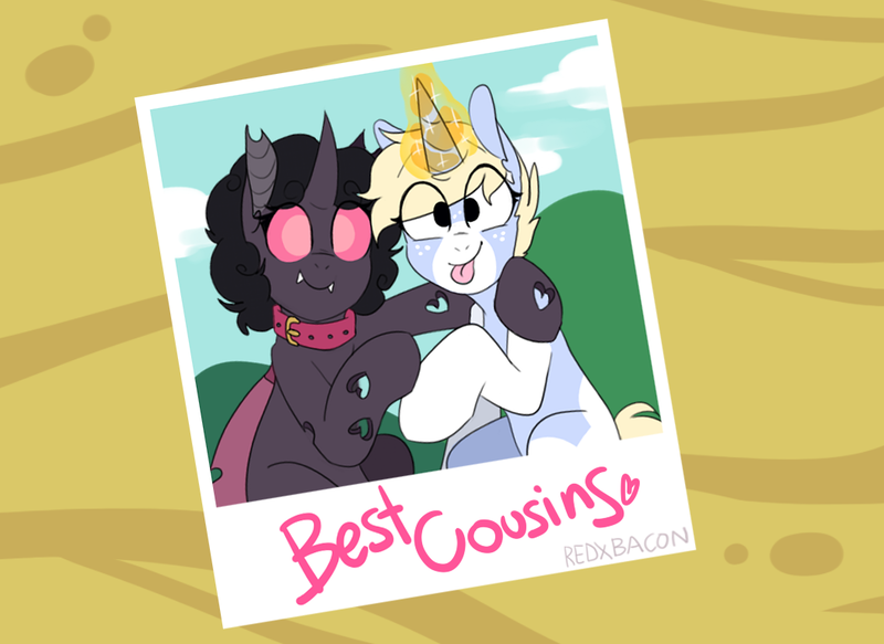 Size: 1053x767 | Tagged: safe, artist:redxbacon, derpibooru import, oc, oc:dazzling flash, oc:nootaz, changeling, :p, changeling oc, collar, cousins, fangs, freckles, horn, hug, looking at you, magic, photo, purple changeling, selfie, silly, smiling, text, tongue out, wings