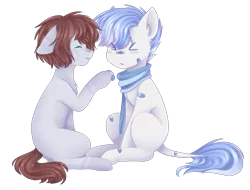 Size: 1357x1033 | Tagged: safe, artist:shiromidorii, derpibooru import, oc, oc:aiden, oc:diamond star, unofficial characters only, pony, bandaid, clothes, male, scarf, simple background, sitting, stallion, transparent background