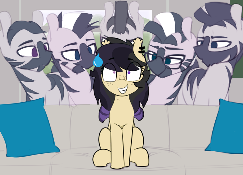 Size: 1280x920 | Tagged: safe, artist:darkwolfhybrid, artist:shinodage, derpibooru import, edit, oc, oc:darkius wolficus, bat pony, pony, zebra, bat pony oc, ear piercing, fuck, heterochromia, piercing, piper perri surrounded, sweatdrop, this will end in death, this will end in tears and/or death