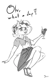 Size: 650x1020 | Tagged: anthro, applejack, artist:surcouff, breasts, clothes, cocktail, cocktail glass, cute, delicious flat chest, derpibooru import, ear piercing, earring, female, flower, flower in hair, freckles, glass, grayscale, happy, high heels, jewelry, looking at you, midriff, monochrome, necklace, piercing, pinup, safe, shoes, skirt, small breasts, smiling, solo, summer, text, upskirt denied