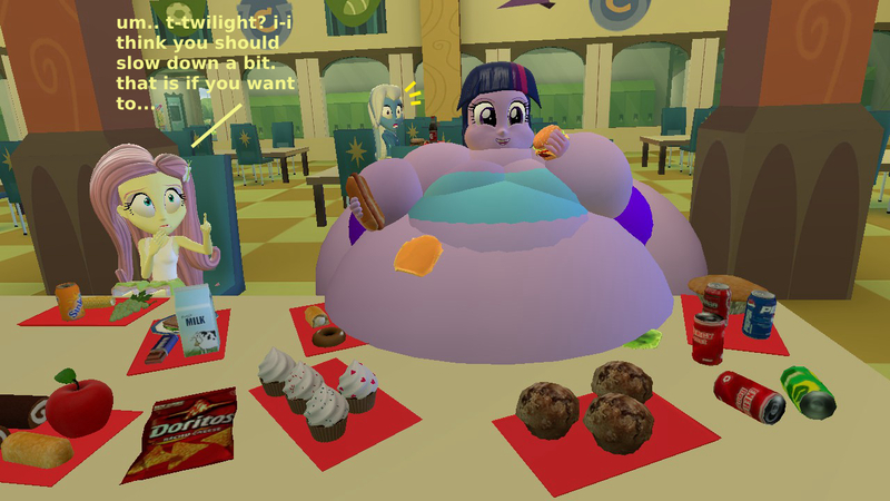 Size: 1280x720 | Tagged: suggestive, artist:bluebot888, derpibooru import, fluttershy, trixie, twilight sparkle, equestria girls, 3d, apple, burger, canteen, chips, chubby cheeks, cupcake, doritos, eating, fat, food, gmod, hamburger, hot dog, meat, milk, morbidly obese, muffin, obese, sausage, shocked, twilard sparkle, twilight burgkle