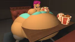 Size: 1280x720 | Tagged: suggestive, artist:bluebot888, derpibooru import, scootaloo, equestria girls, 3d, belly, chicken nugget, fat, female, gmod, impossibly large belly, morbidly obese, obese, scootalard, solo, solo female