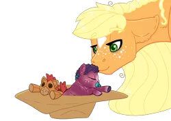 Size: 2480x1754 | Tagged: safe, artist:jackiebloom, derpibooru import, applejack, oc, oc:zap apple, pony, baby, baby pony, female, hat, magical lesbian spawn, mother and daughter, offspring, parent:applejack, parent:coloratura, parents:rarajack, plushie, simple background, sleeping, star (coat marking), transparent background