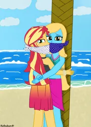 Size: 2500x3500 | Tagged: suggestive, artist:robukun, derpibooru import, sunset shimmer, oc, oc:shine, equestria girls, equestria girls series, bondage, cloth gag, clothes, gag, swimsuit