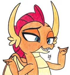 Size: 3930x4156 | Tagged: artist:zachattackj, derpibooru import, dragon, dragoness, female, molt down, safe, simple background, smolder, solo, traditional art, white background, wrong color
