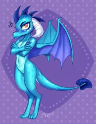 Size: 992x1280 | Tagged: angry, artist:tawni-tailwind, baka, belly button, blushing, crossed arms, derpibooru import, dragon, dragoness, female, looking at you, pouting, princess ember, safe, solo, spread wings, standing, tsundember, tsundere, wings