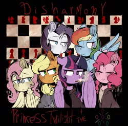 Size: 2285x2251 | Tagged: safe, artist:urbanqhoul, derpibooru import, applejack, fluttershy, pinkie pie, rainbow dash, rarity, twilight sparkle, twilight sparkle (alicorn), alicorn, earth pony, pegasus, pony, unicorn, album cover, cigarette, eyes closed, female, mane six, mare, one eye closed, smiling, smoking