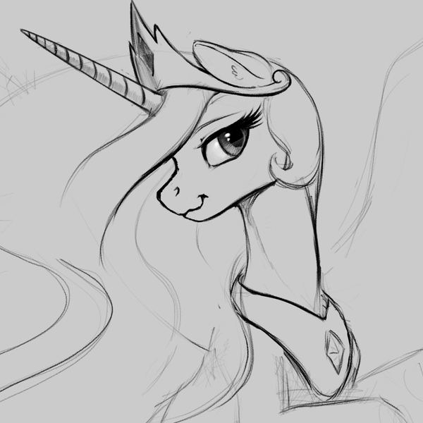 Size: 900x900 | Tagged: safe, artist:amarynceus, deleted from derpibooru, derpibooru import, princess celestia, pony, female, gray background, mare, monochrome, simple background, sketch, smiling, solo