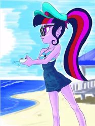Size: 777x1035 | Tagged: safe, artist:xjleiu, derpibooru import, sci-twi, twilight sparkle, equestria girls, equestria girls series, forgotten friendship, attached skirt, beach, bow swimsuit, clothes, geode of telekinesis, glasses, hat, ocean, one-piece swimsuit, open mouth, ponytail, remote, sand, skirt, solo, swimsuit