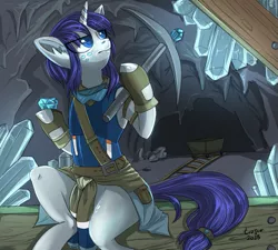 Size: 625x563 | Tagged: safe, artist:trojan-pony, derpibooru import, rarity, semi-anthro, unicorn, alternate universe, cave, clothes, commission, crystal, digital art, female, gem, hoof hold, image, minecart, miner, pickaxe, png, signature, sitting, solo